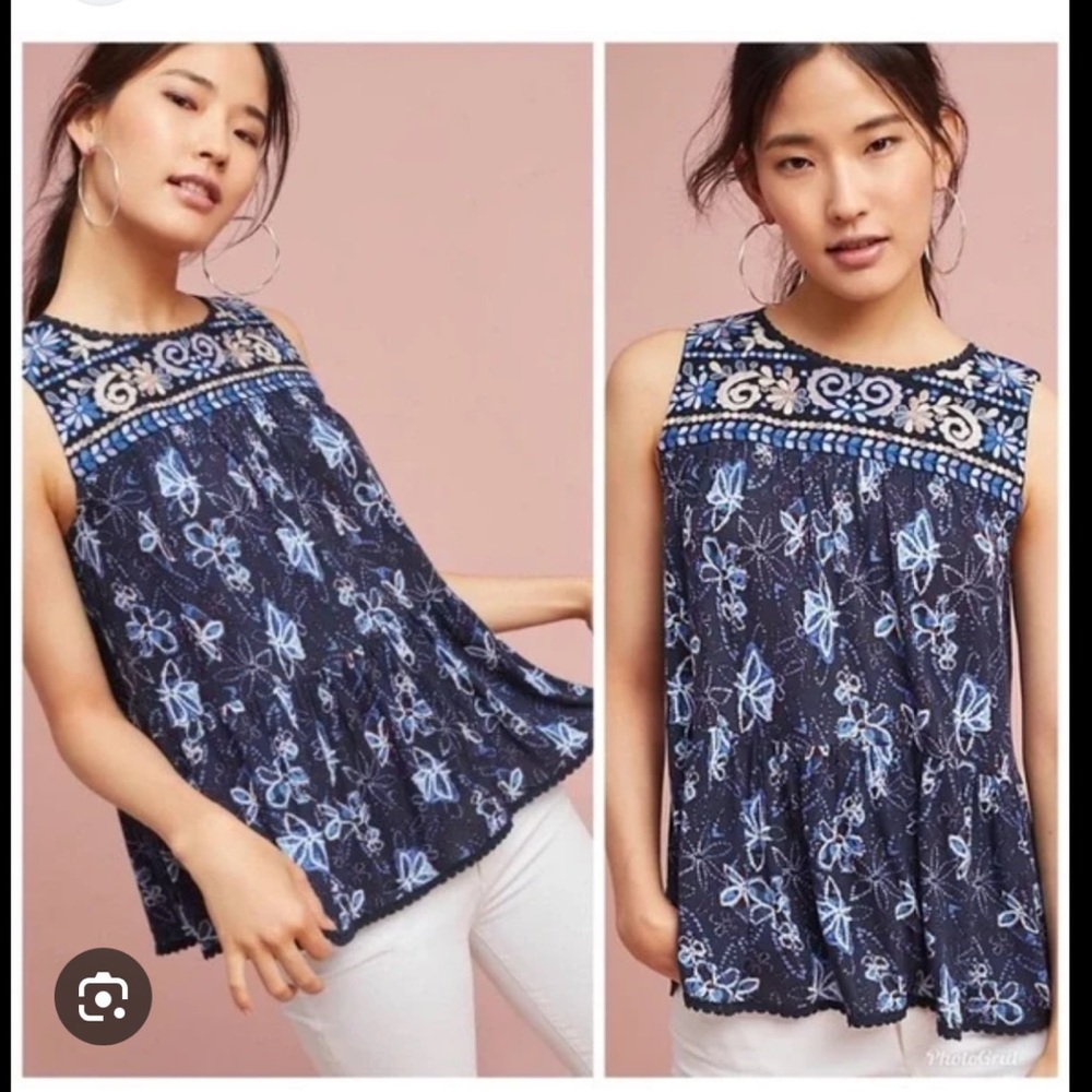 One September Anthropologie XS navy embroidered flowy babydoll sleeveless blouse